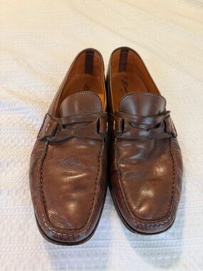 Santoni Cognac Brown Leather Slip-On Loafers for Men